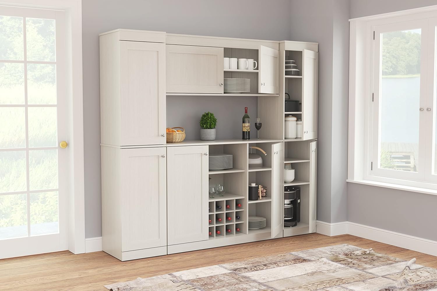 4-Piece Buffet Storage System with 2 Tall/Slim Cabinets, Washed Oak U577221