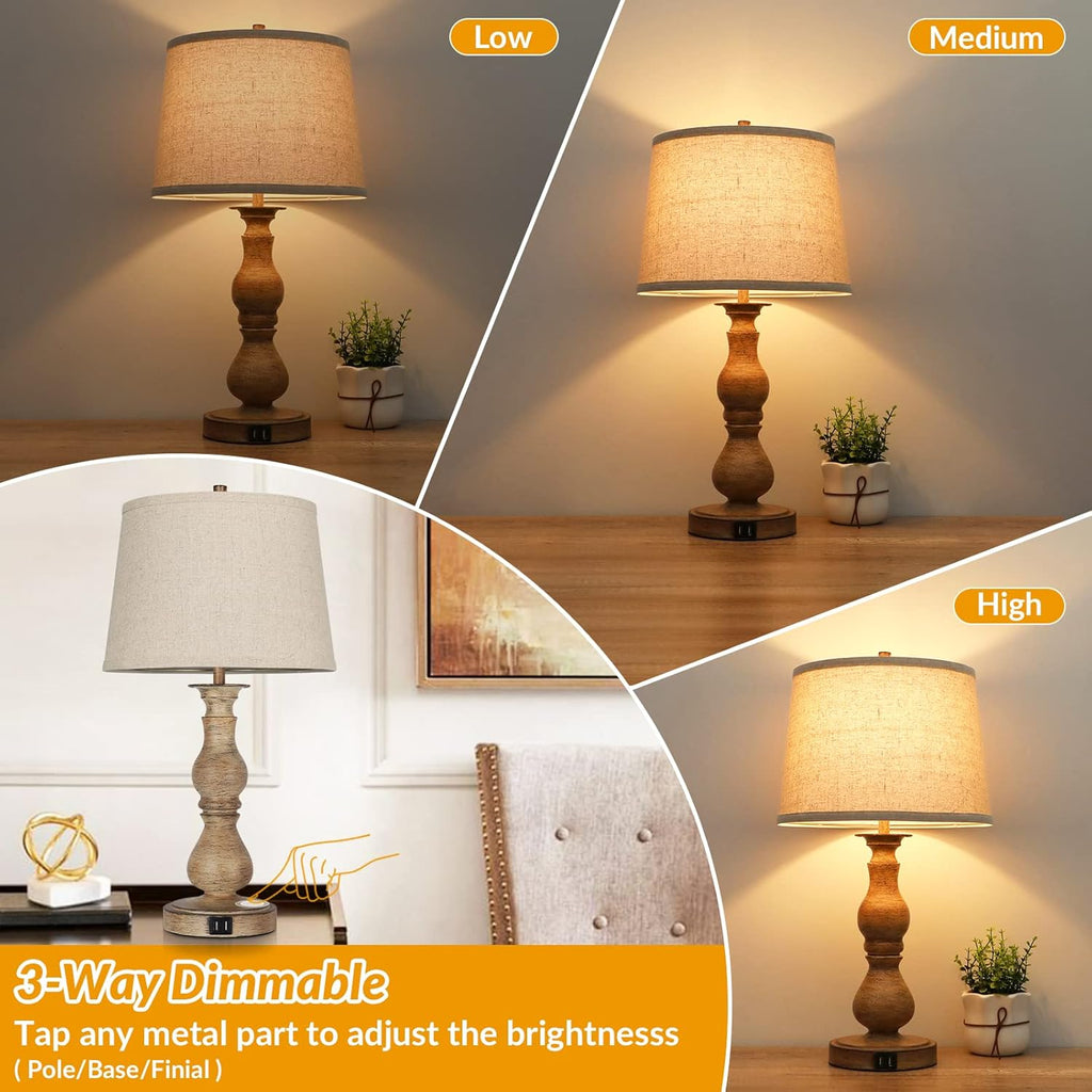 Set of 2 Touch Control Table Lamps with USB Ports, Cream Shades Y4023