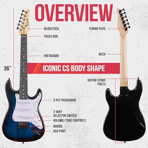 Red 36 Inch Electric Guitar Kit with Amp, Six Strings, Picks, Strap, Tuner, Cable, Gig Bag E93608