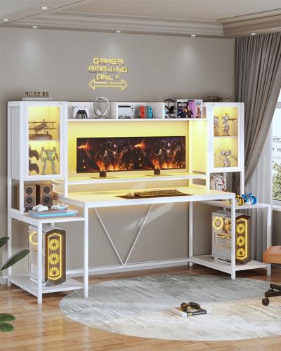 White 74.8'' Gaming Desk with LED Lights, Hutch and Storage Shelves I927581