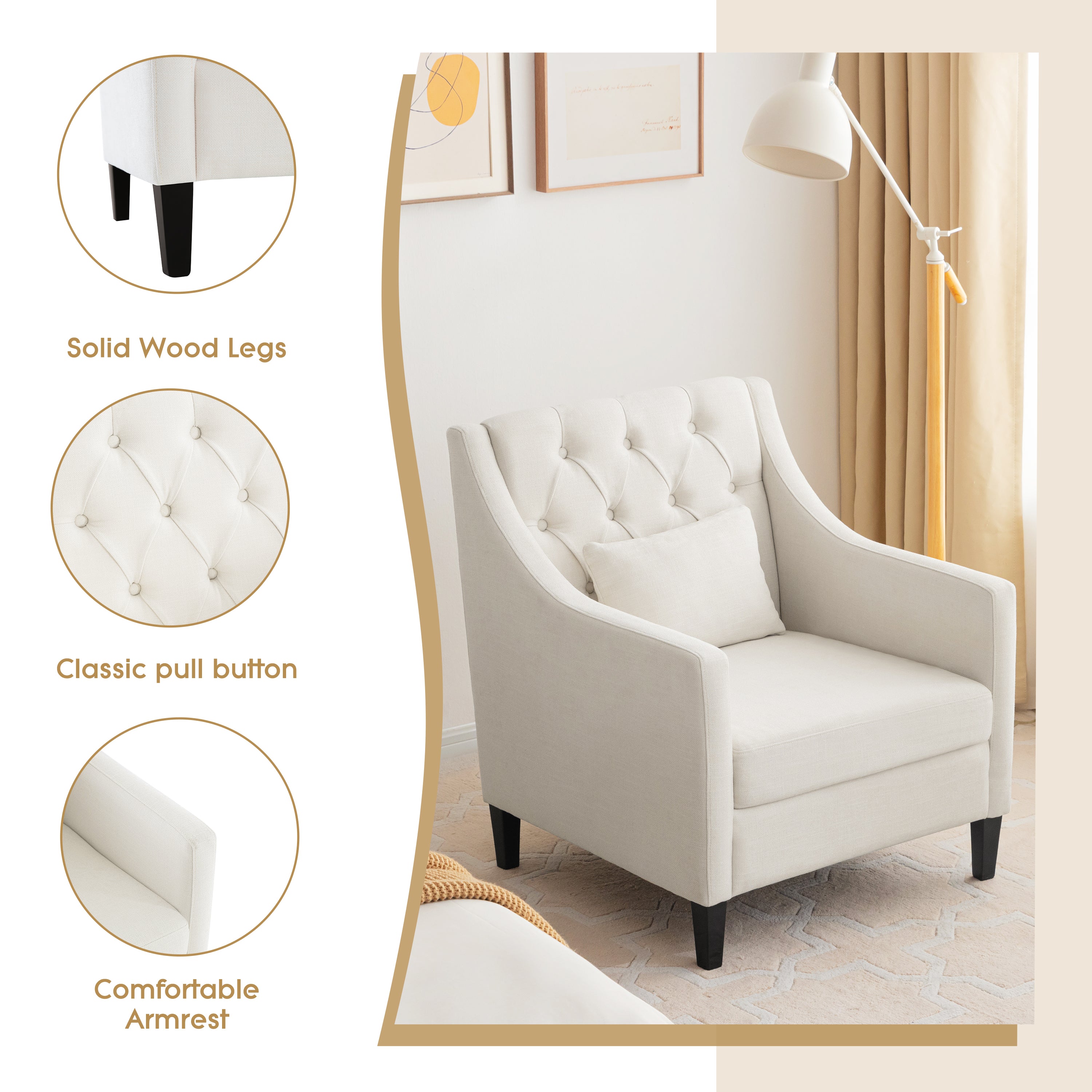Beige Fabric Accent Chair with Wood Frame B144199