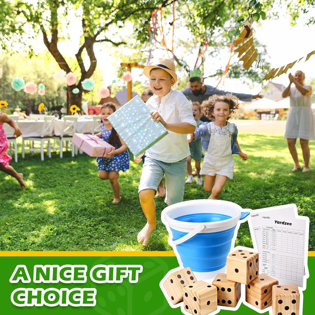3.5" Wooden Yard Dice Set includes 6 Dice, Collapsible Bucket, Score Cards & Dry Erase Marker L9795