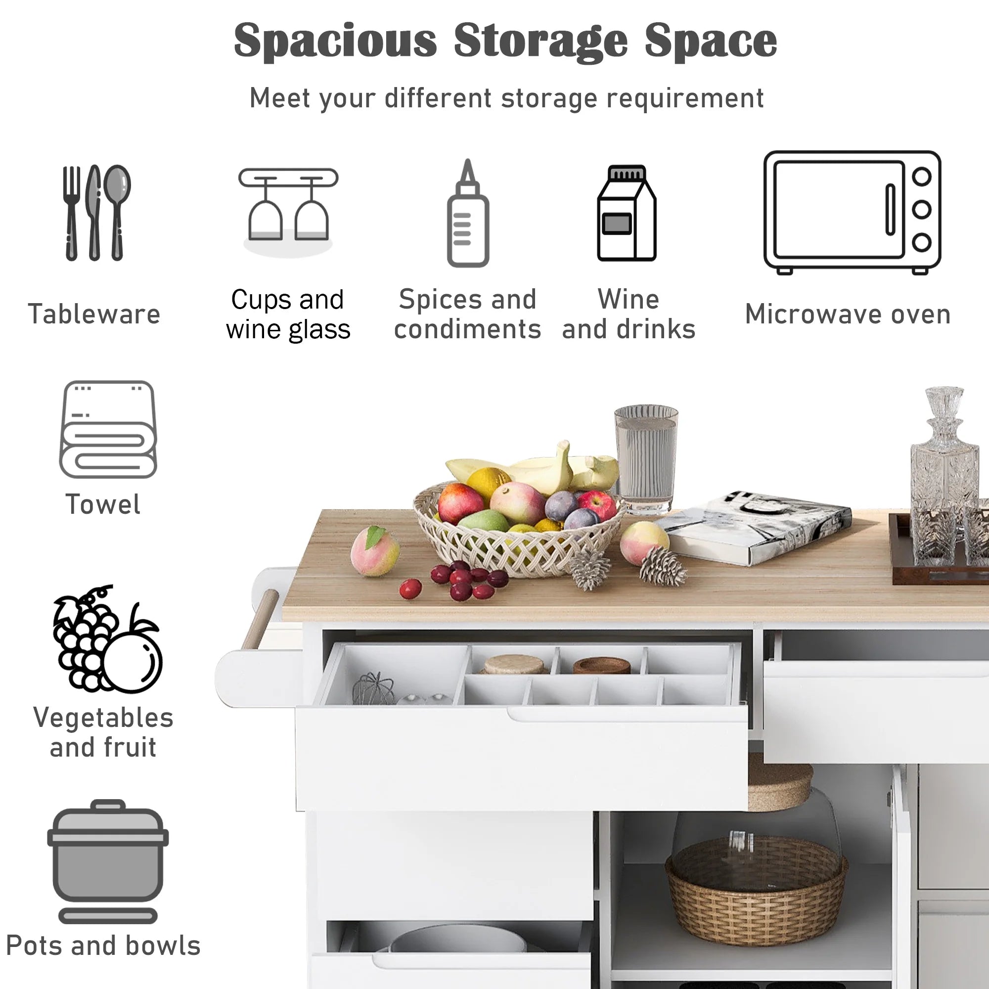 Rolling Kitchen Island with Storage, Rubber Wood Mobile Kitchen Cart with Lockable Wheels, Drawers, Shelves Q9277