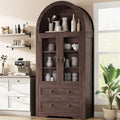 Brown Arched Bookshelf Pantry Storage Cabinet with Drawers Doors and Shelves I18228