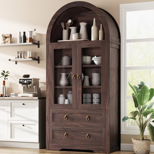 Brown Arched Bookshelf Pantry Storage Cabinet with Drawers Doors and Shelves I18228
