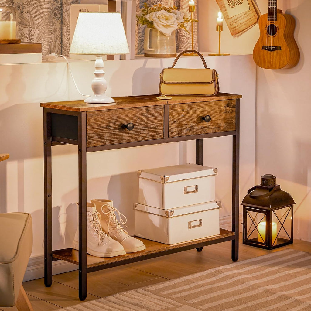 Rustic Brown and Black Narrow Console Table with 2 Fabric Drawers C643