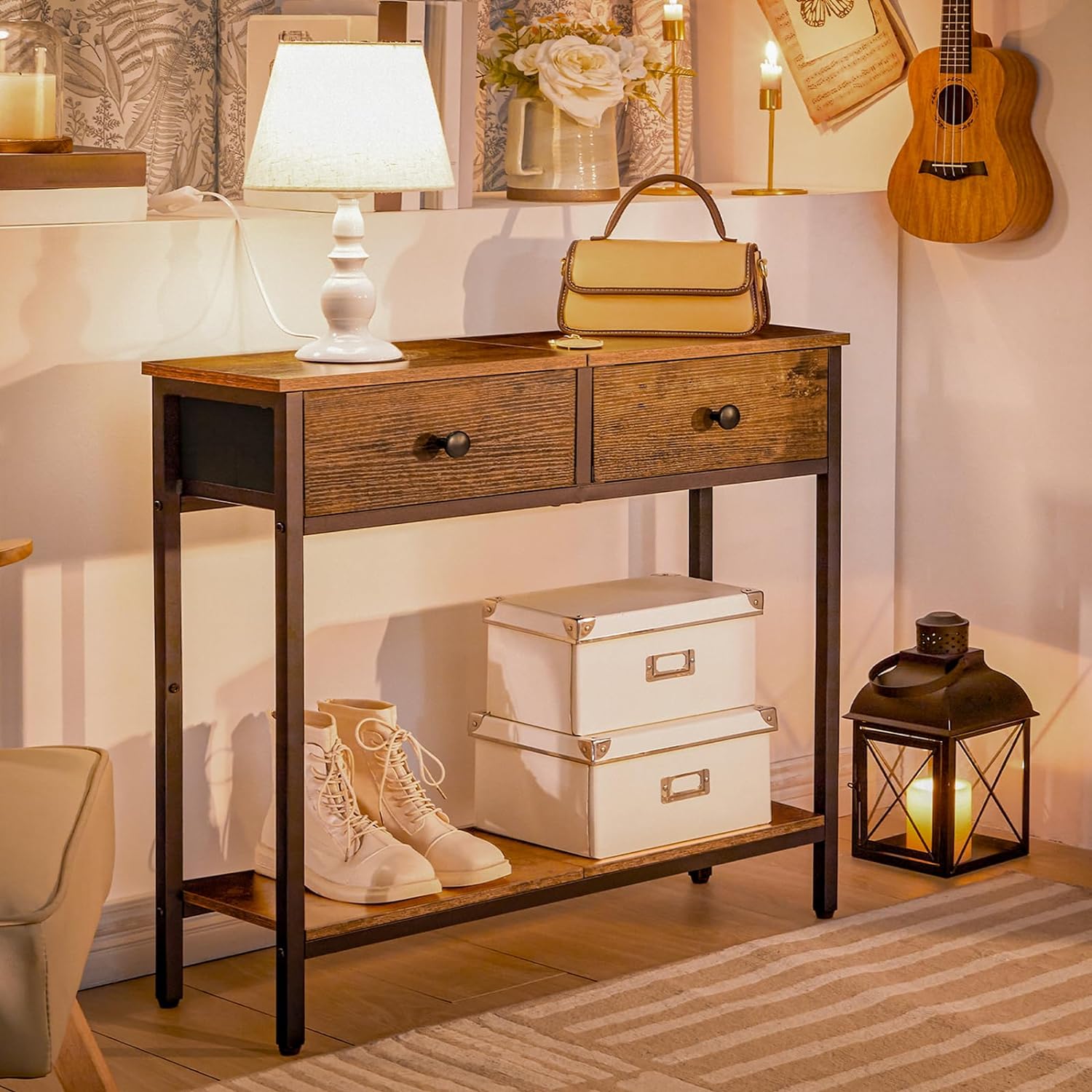 Rustic Brown and Black Narrow Console Table with 2 Fabric Drawers C643