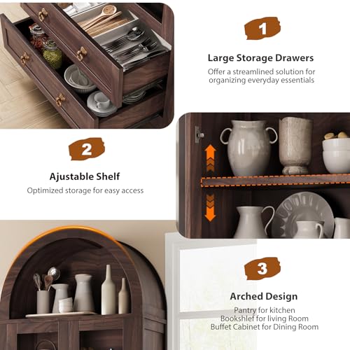 Brown Arched Bookshelf Pantry Storage Cabinet with Drawers Doors and Shelves I18228