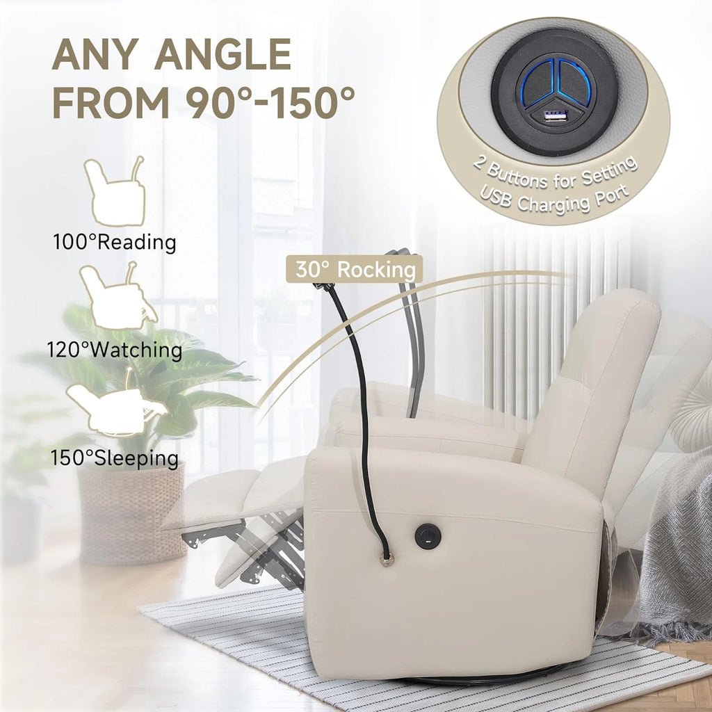 Creamy White Swivel Rocking Power Recliner Chair with USB Port K591729