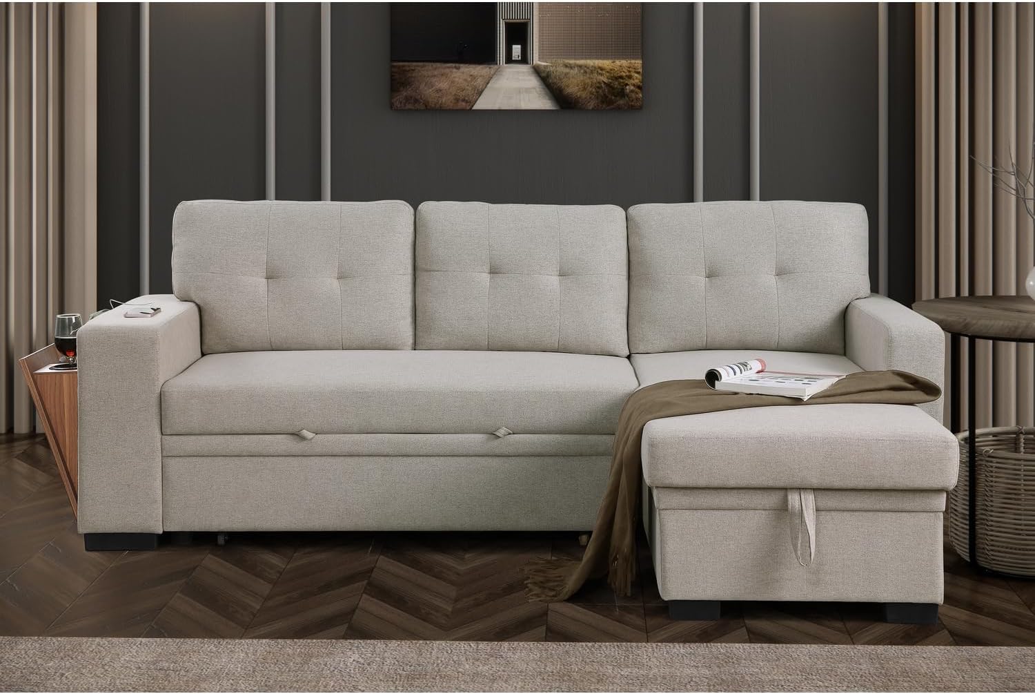 Light Gray Polyester Fabric L-Shaped Sleeper Sectional Sofa Bed M122