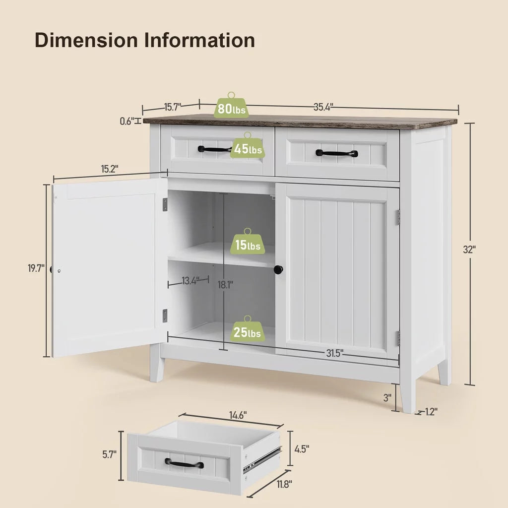 Grey Kitchen Sideboard Buffet Cabinet with Drawers and Adjustable Shelf K4573