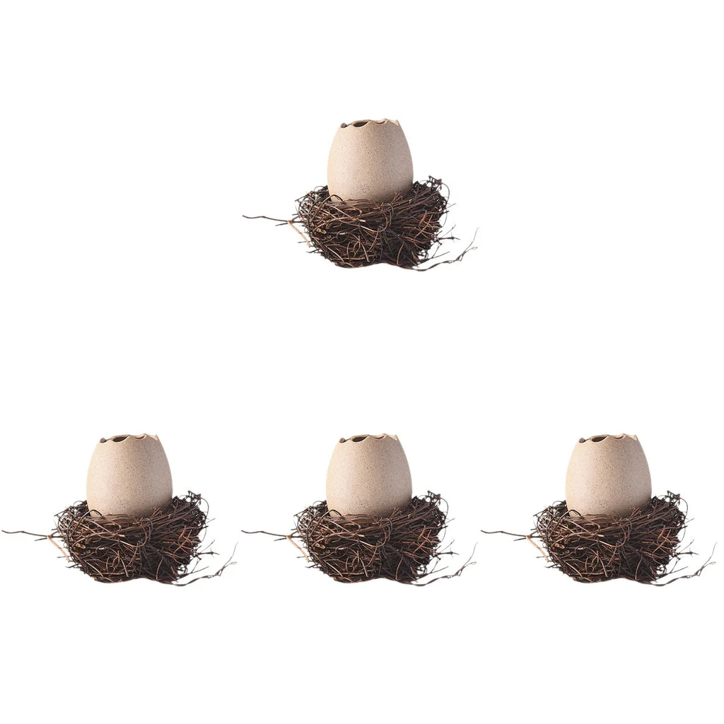 4 Sets Small Ceramic Vase Succulent Planter with Bird Nest B951451
