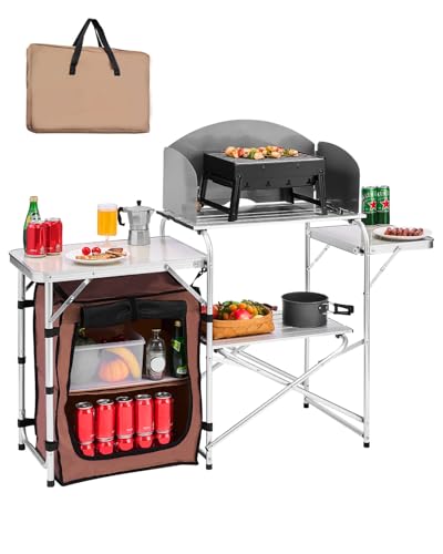 Brown Aluminum Folding Camping Kitchen Table with Storage Carrying Bag G9699