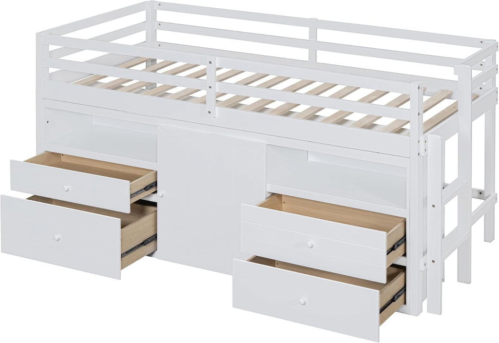 White Wooden Twin Size Loft Bed with 4 Drawers P6842