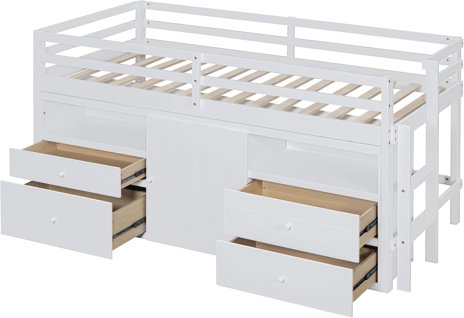 White Wooden Twin Size Loft Bed with 4 Drawers P6842