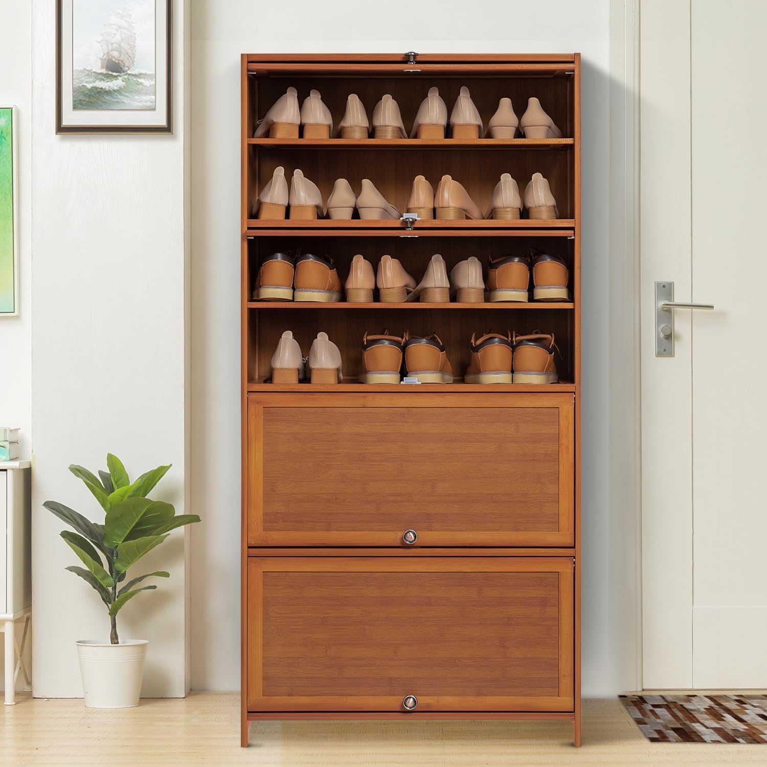 Bamboo 8 Tier Shoe Shelf Storage Rack with Flip Doors C6573
