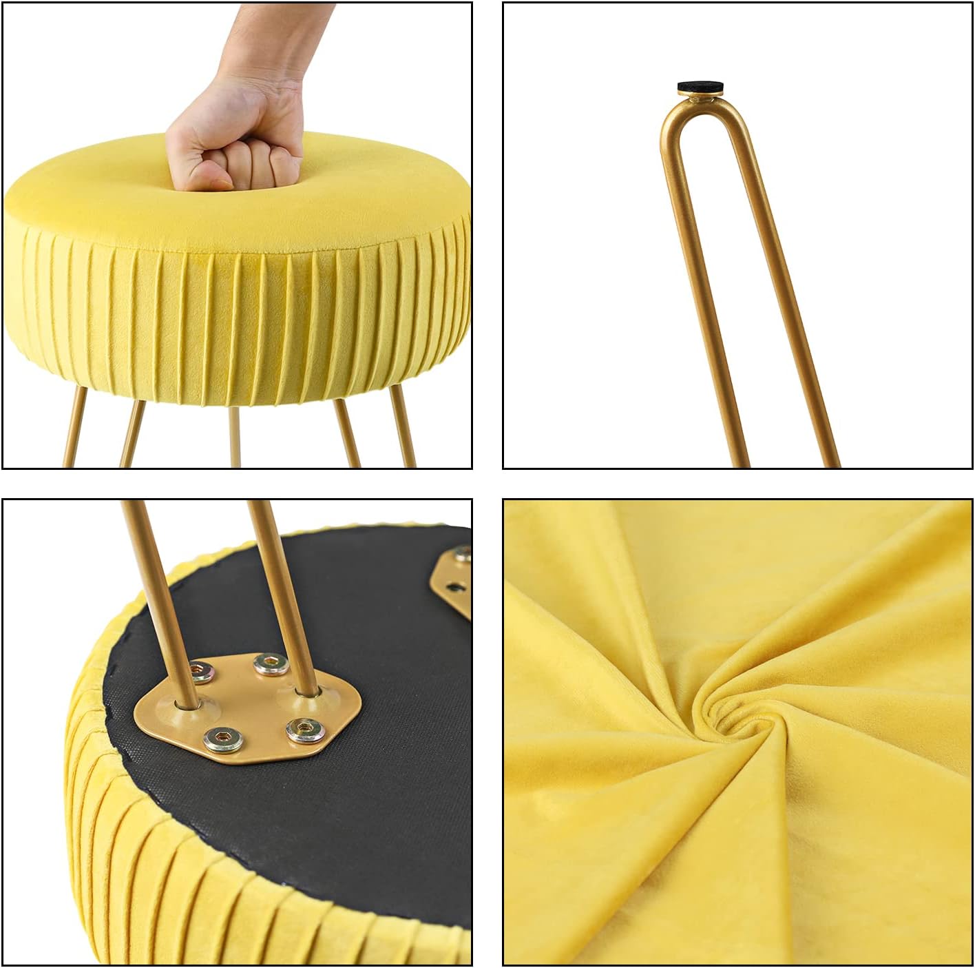 Yellow Velvet Round Vanity Chair with Golden Metal Legs K395