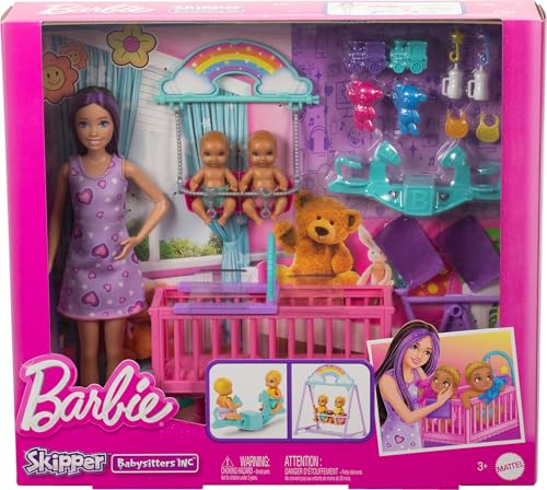 Skipper Doll & Nursery Playset with Accessories, Includes Twin Baby Dolls, 1 Crib, 1 Swing, 1 See-Saw T552