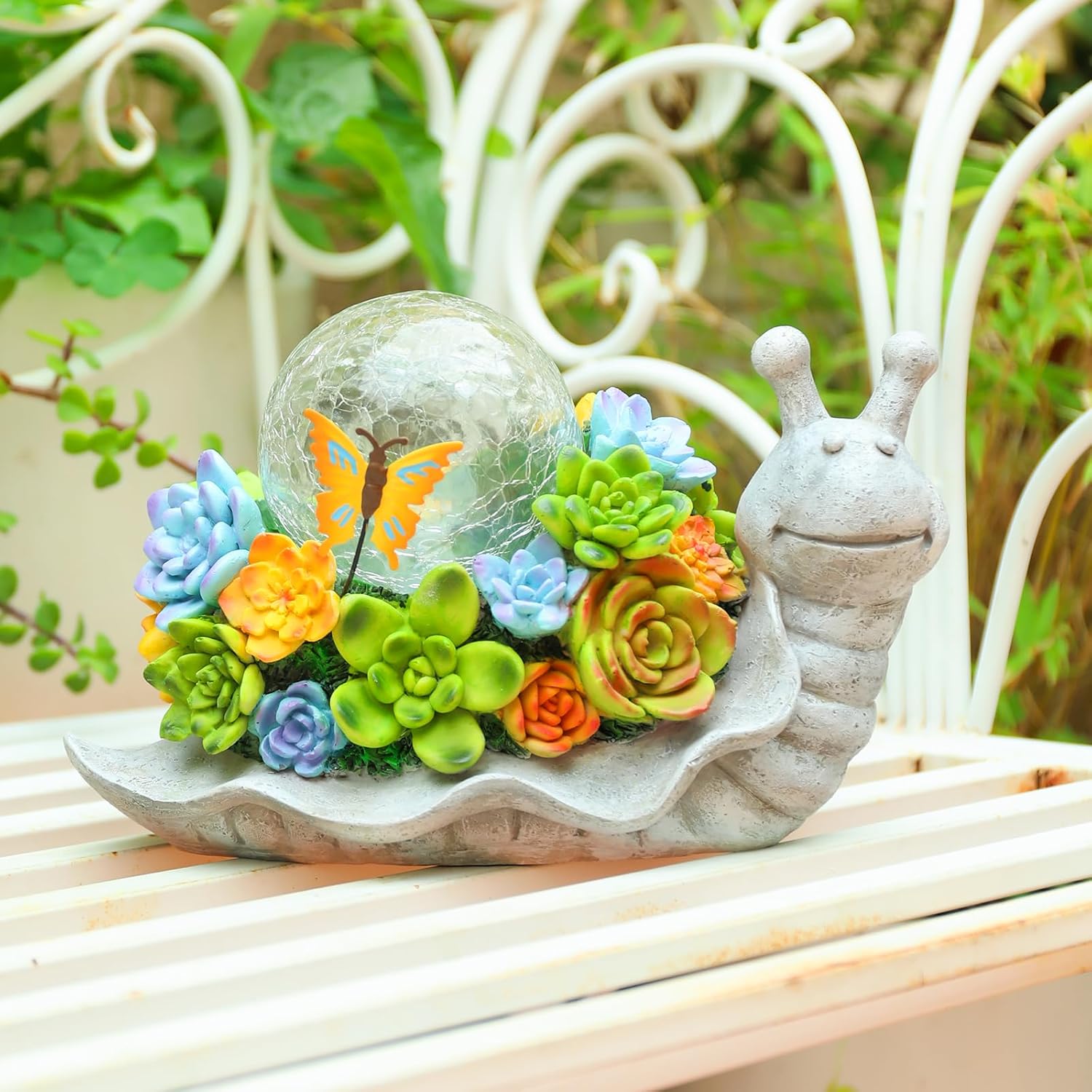 Solar Garden Snail Statue with Succulent and Solar Lights S43315