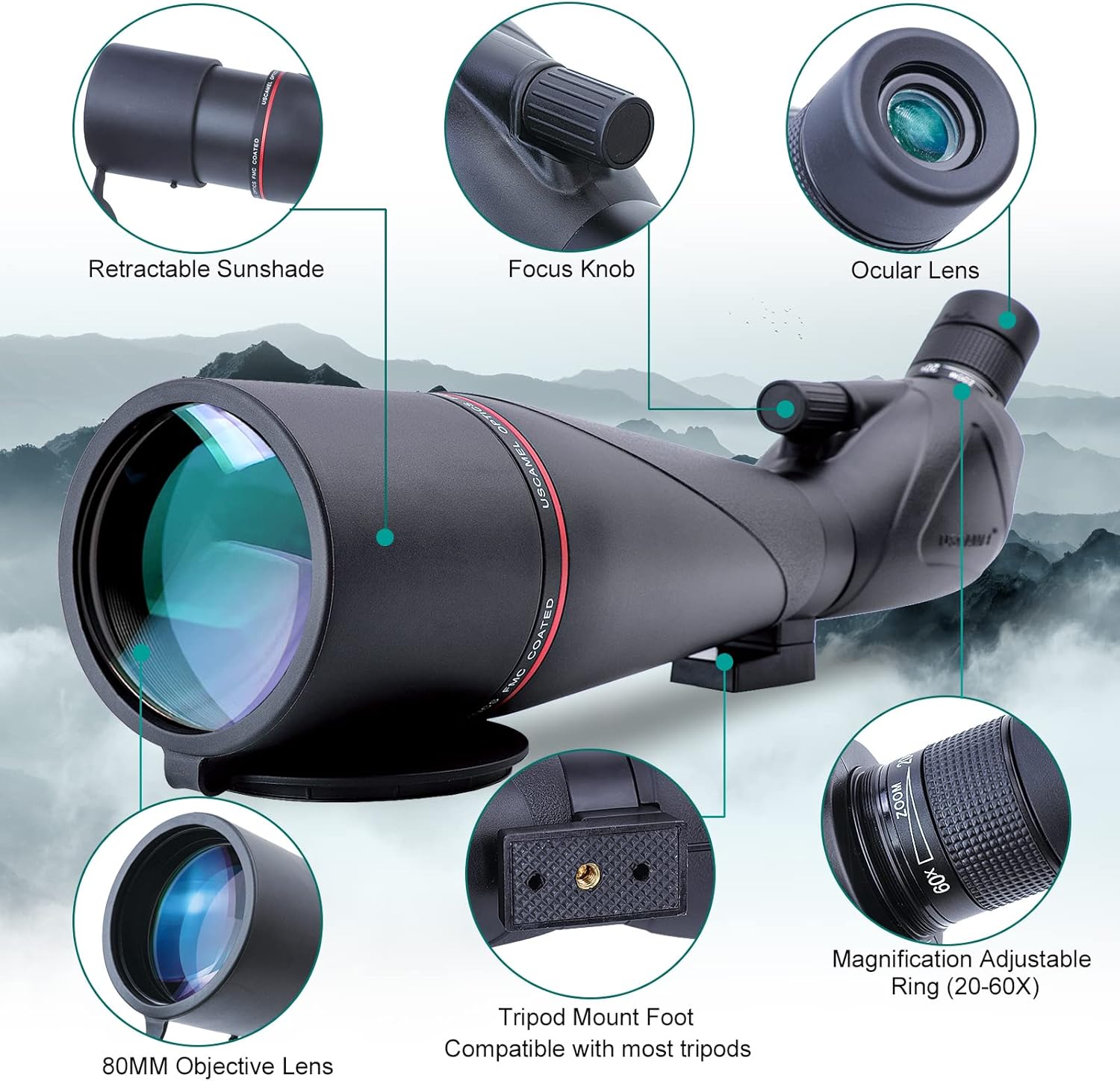 20-60x80 Waterproof BAK4 Spotting Scope with Tripod Q261