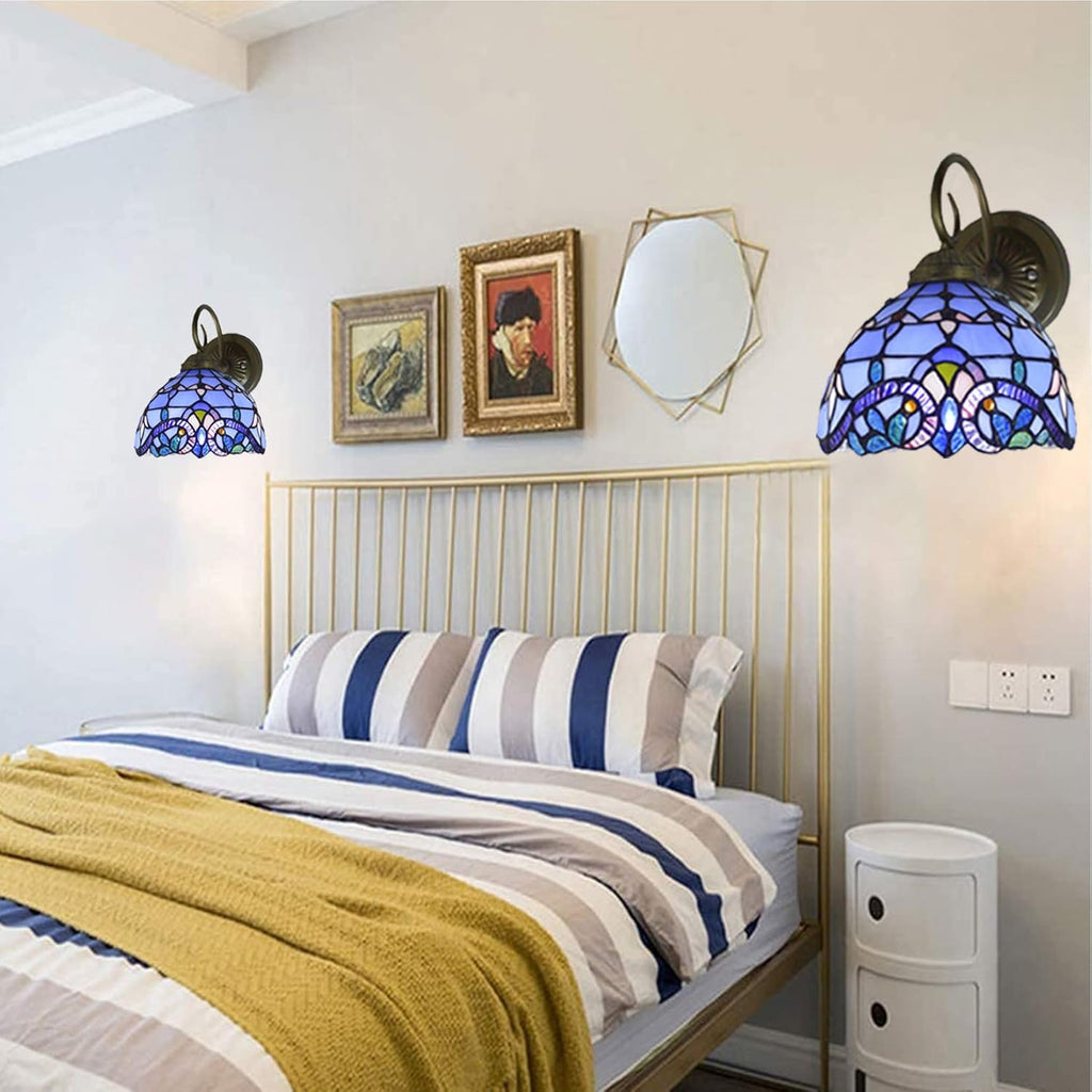 Set of Two Hand-Made Stained Glass Wall Sconce Light Fixtures, Blue L33749
