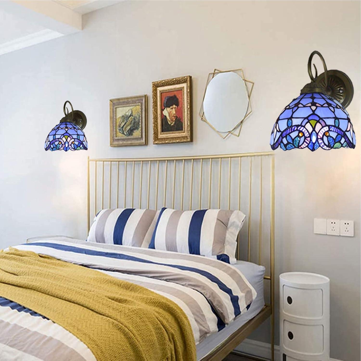 Set of Two Hand-Made Stained Glass Wall Sconce Light Fixtures, Blue L33749