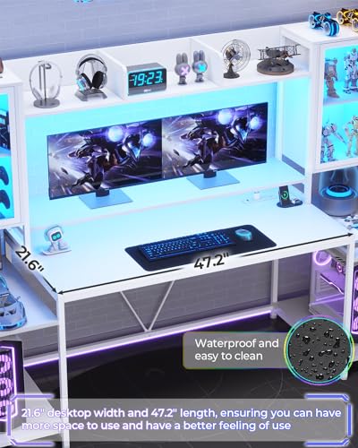 White 74.8'' Gaming Desk with LED Lights, Hutch and Storage Shelves I927581