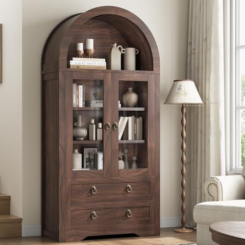 Brown Arched Bookshelf Pantry Storage Cabinet with Drawers Doors and Shelves I18228