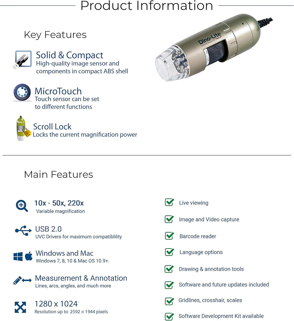 USB Digital Microscope, 1.3MP, 10x - 50x, 220x Optical Magnification T3658