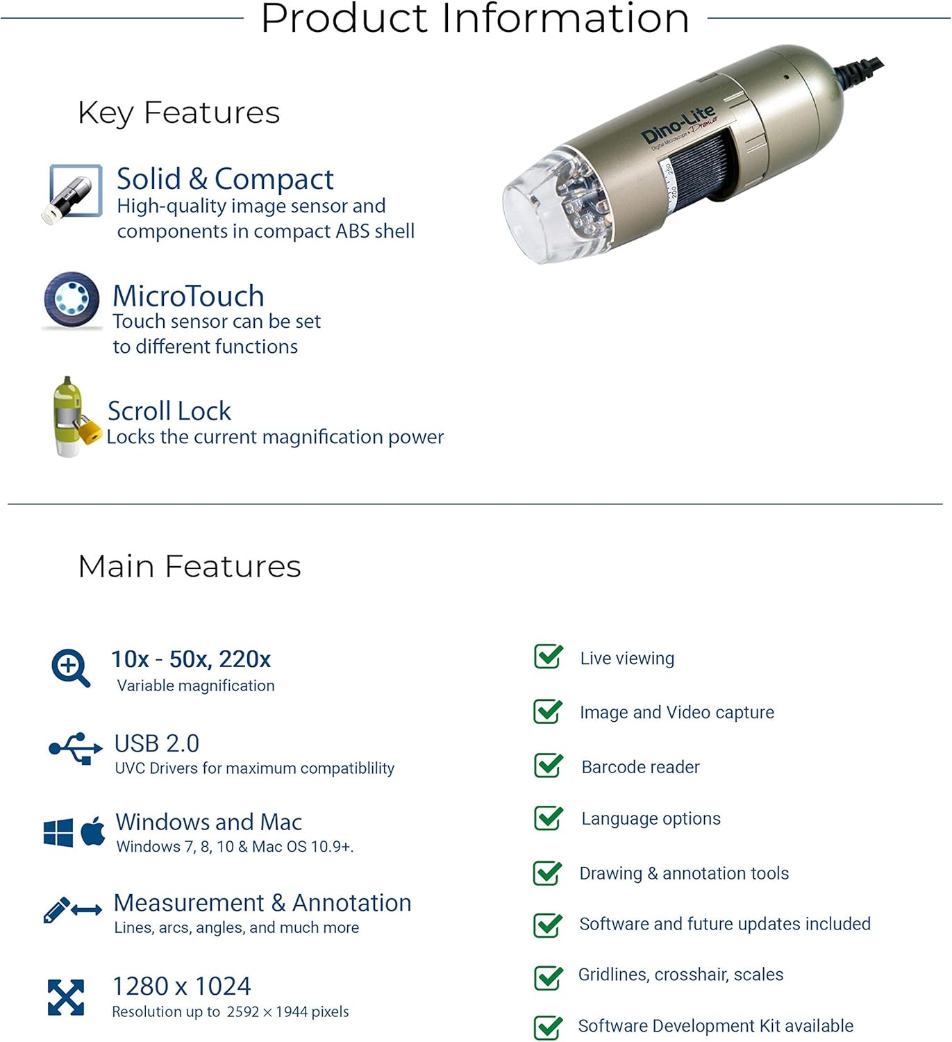USB Digital Microscope, 1.3MP, 10x - 50x, 220x Optical Magnification T3658