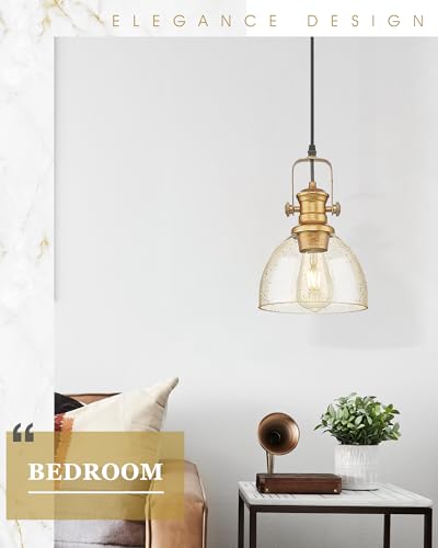 7.5" Farmhouse Pendant Lighting with Clear Seeded Glass Shade, Gold Wood Paint Finish V511
