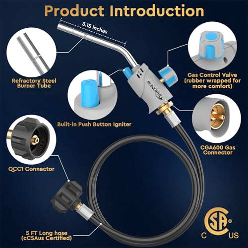Propane Torch Head with Igniter, Trigger Start, 5FT Hose, Self Ignition, Flame Adjustable Valve B7699