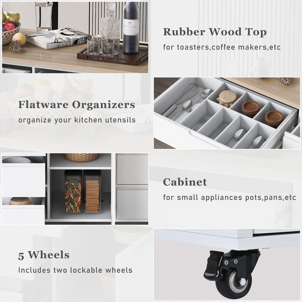 Rolling Kitchen Island with Storage, Rubber Wood Mobile Kitchen Cart with Lockable Wheels, Drawers, Shelves Q9277