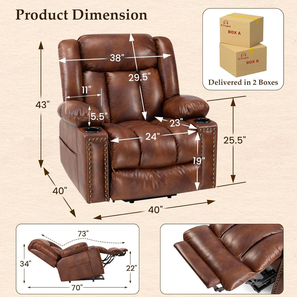 Large Power Lift Recliner with Extended Footrest, Heat and Massage T25496