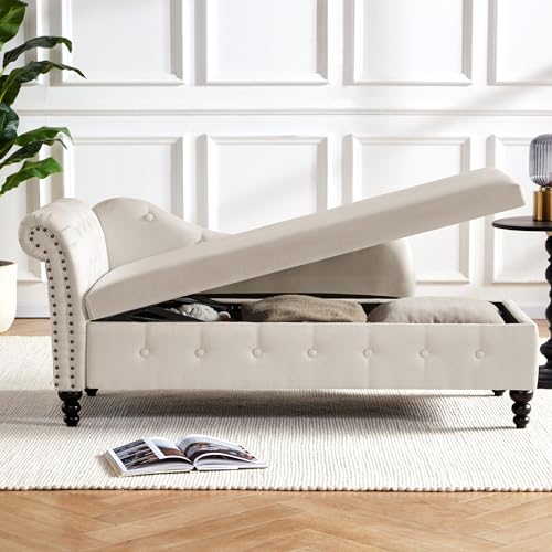 Beige Tufted Velvet Chaise Lounge with Storage G735082