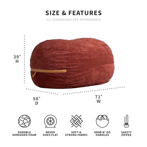 Deep Terracotta Corded Plush 6 feet Foam Filled Bean Bag Chair with Removable Cover G603