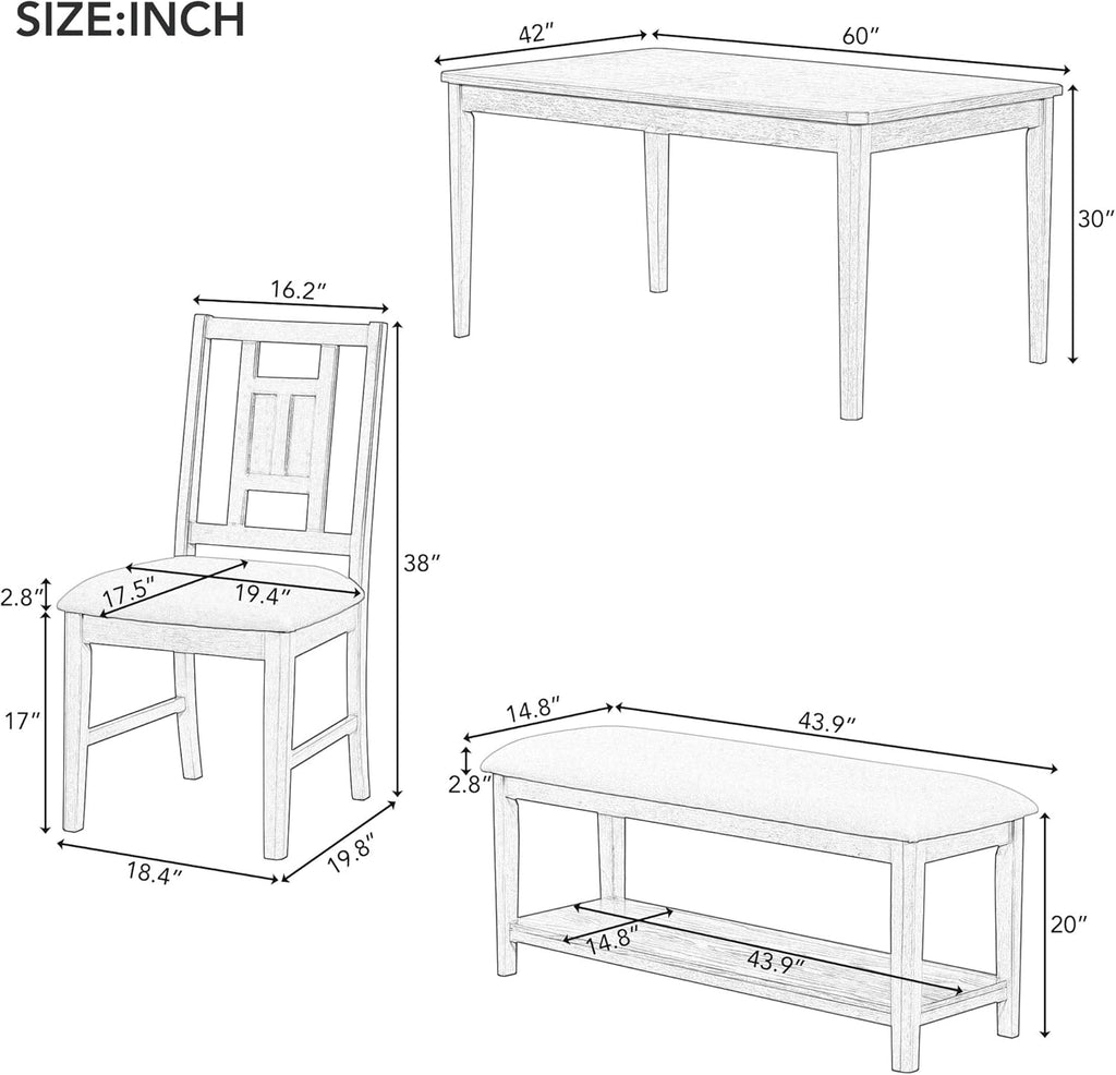 6-Piece Dining Table Set with 4 Upholstered Chairs and 1 Bench, Solid Wood, Dark Gray E50279