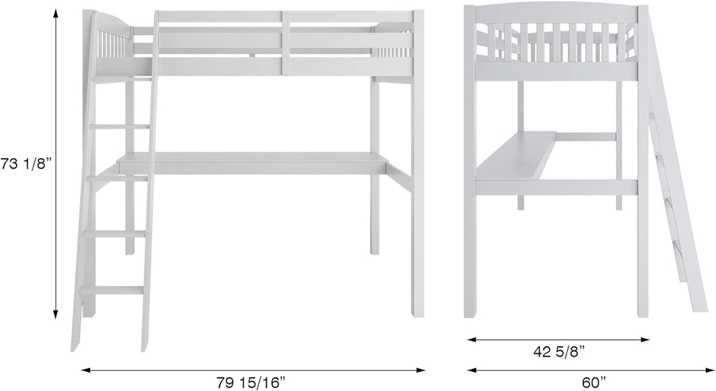 White High Loft Bed with Desk and Storage, Solid Wood Twin Size Loft Bed Frame with Stairs S70395