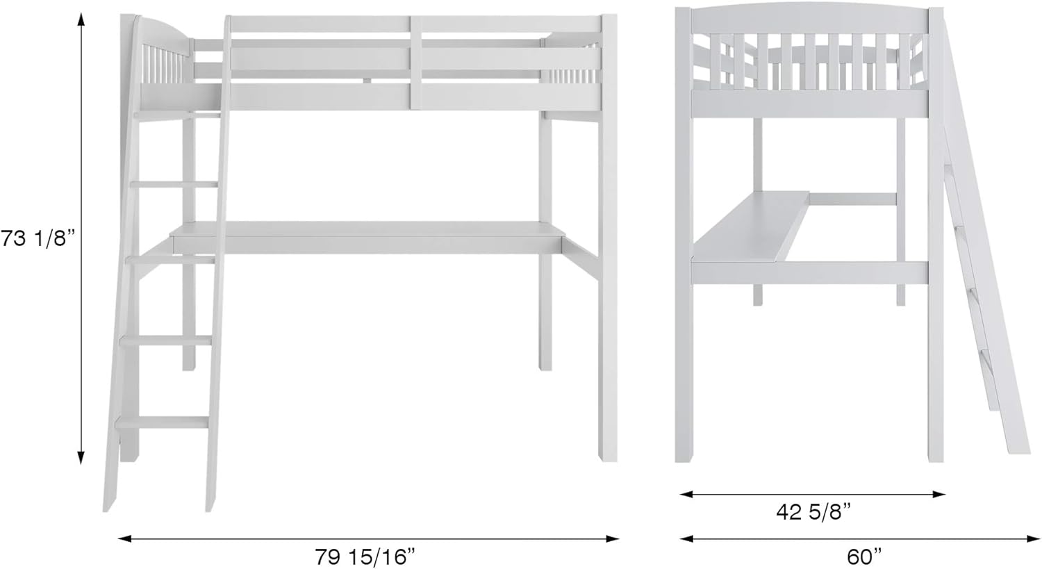 White High Loft Bed with Desk and Storage, Solid Wood Twin Size Loft Bed Frame with Stairs S70395