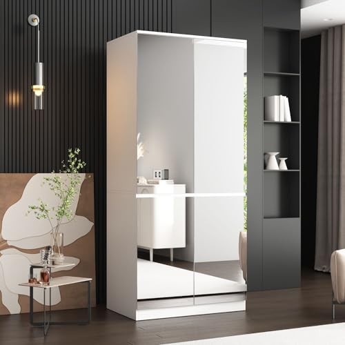 White 4 Door Mirrored Wardrobe Closet with Hanging Rod D38068