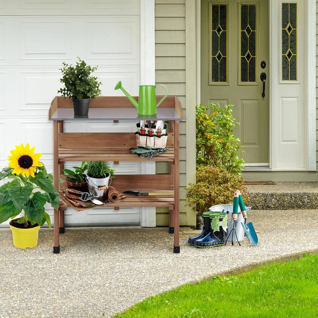 Brown Wooden Potting Bench with Metal Tabletop and Storage Shelf C4281