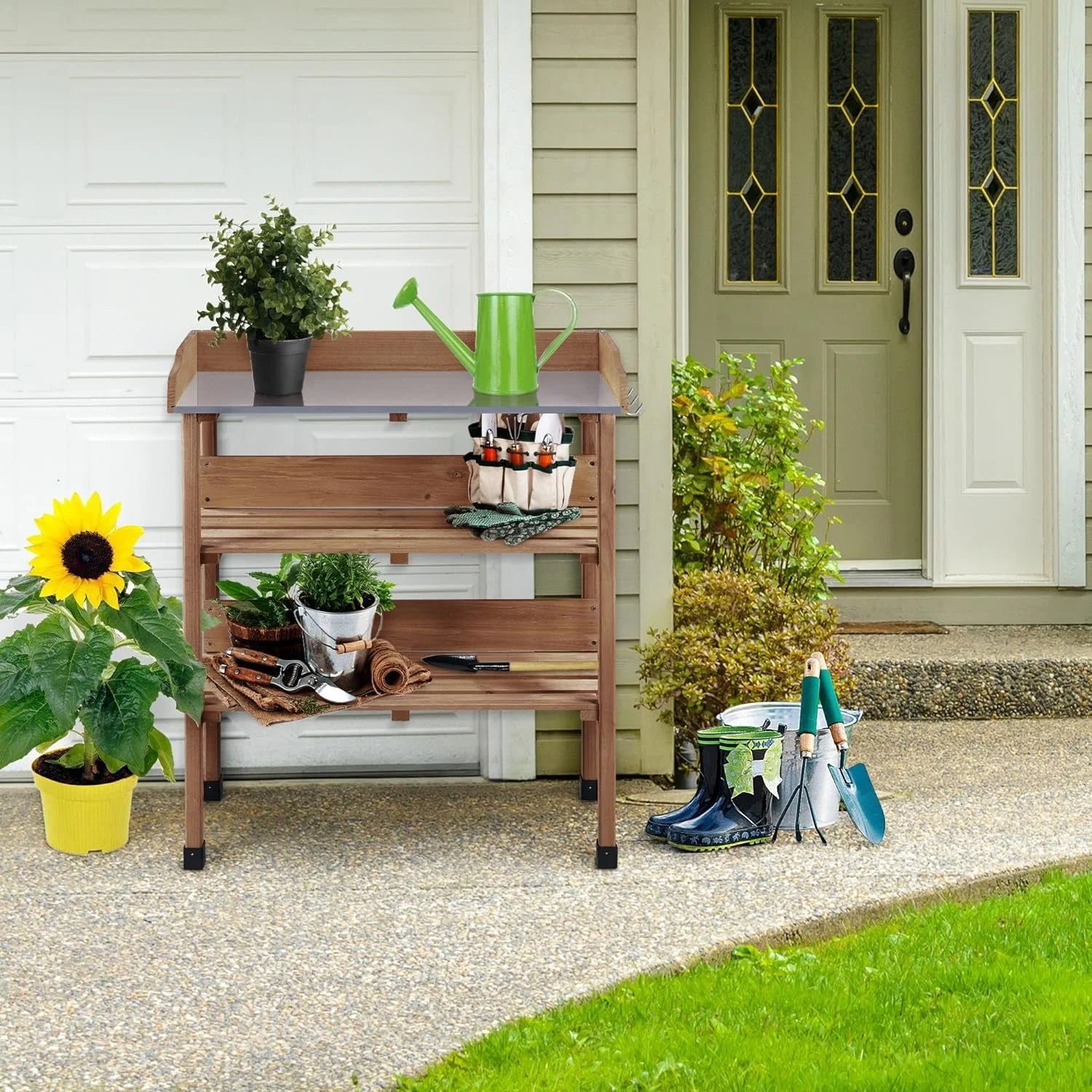 Brown Wooden Potting Bench with Metal Tabletop and Storage Shelf C4281