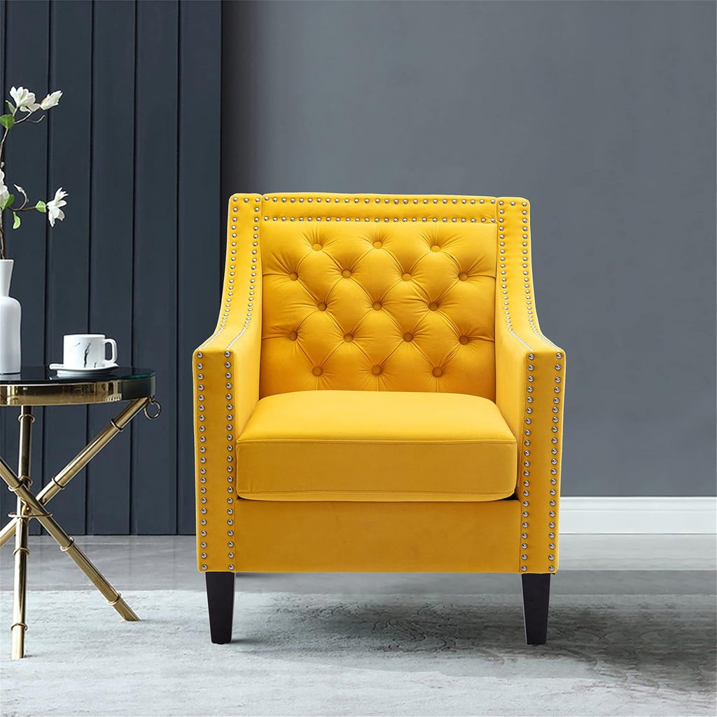Yellow Velvet Accent Chairs with Wood Legs K86670