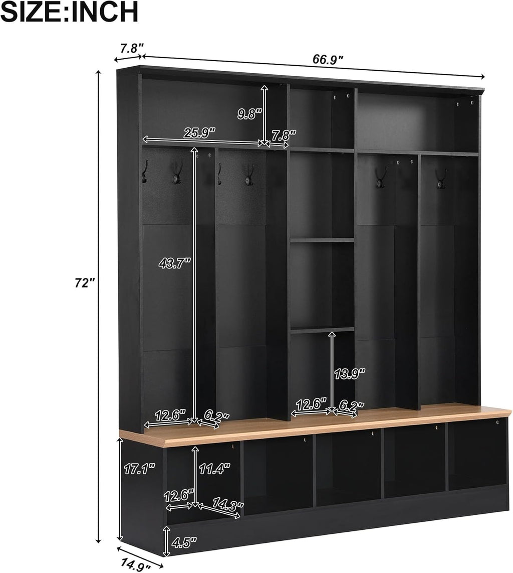 Black Hall Tree with Storage Bench and 8 Hooks R167