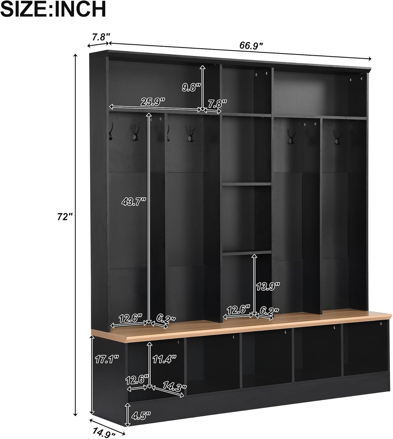 Black Hall Tree with Storage Bench and 8 Hooks R167
