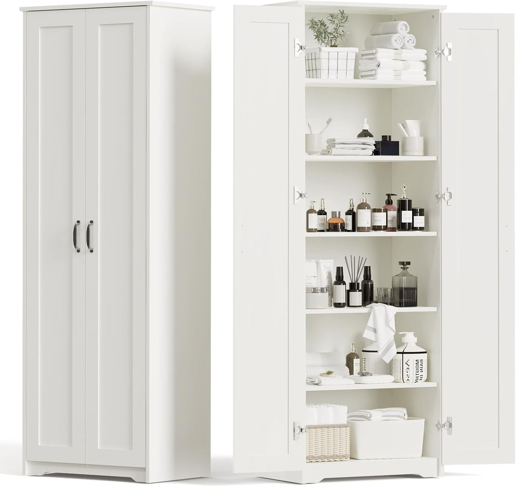 White 70" Tall Storage Cabinet with 2 Doors and 6 Adjustable Shelves E391927