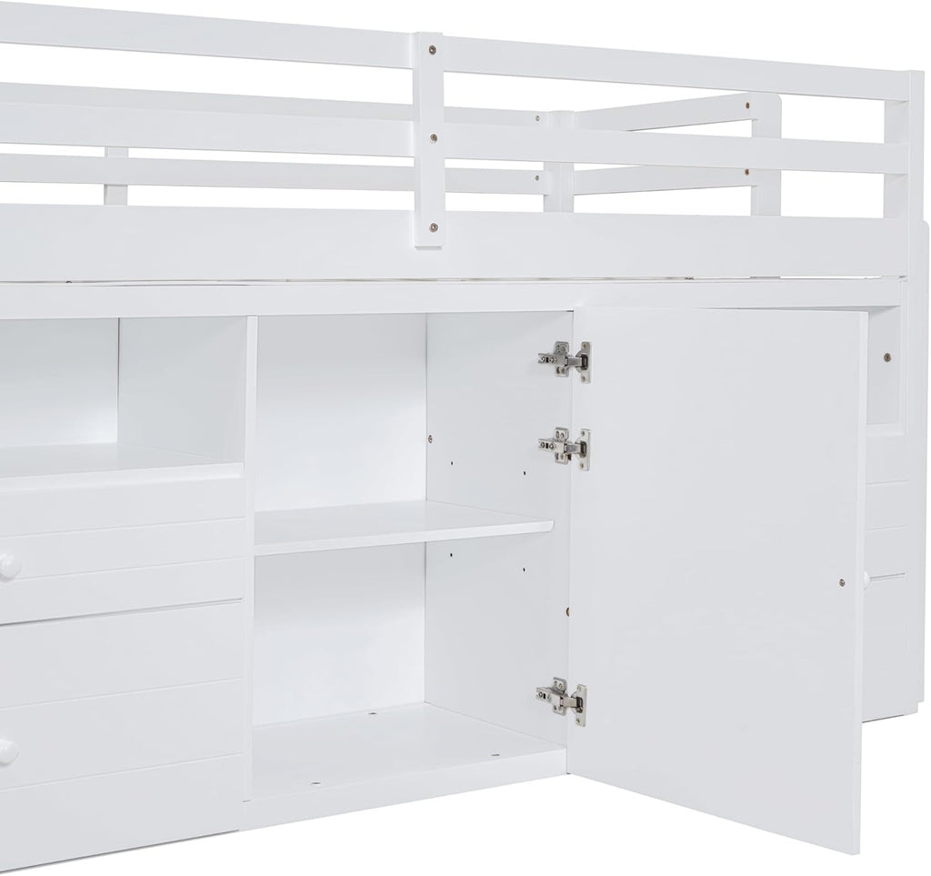 White Wooden Twin Size Loft Bed with 4 Drawers P6842