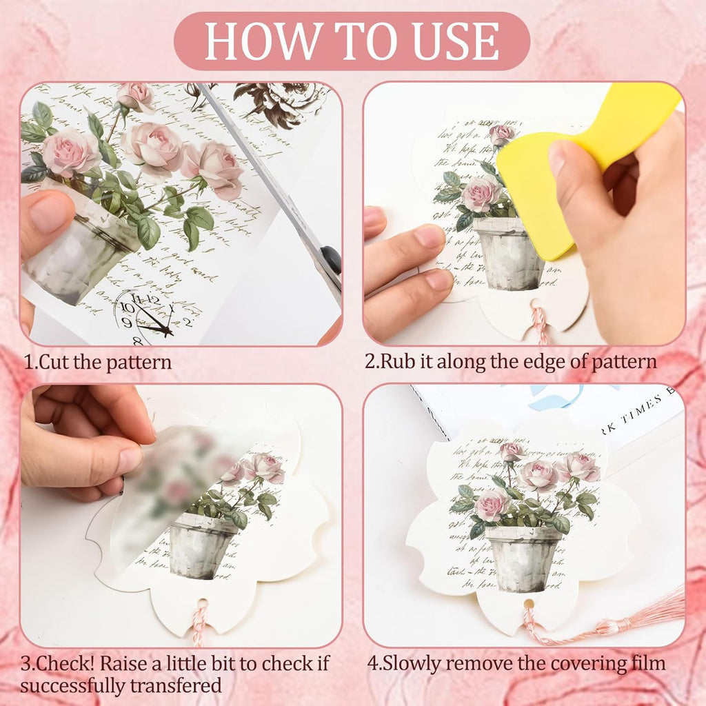 Vintage Pink Rose Waterproof Transfer Stickers, 10 Sheets, 11.8 * 3.9in V321447