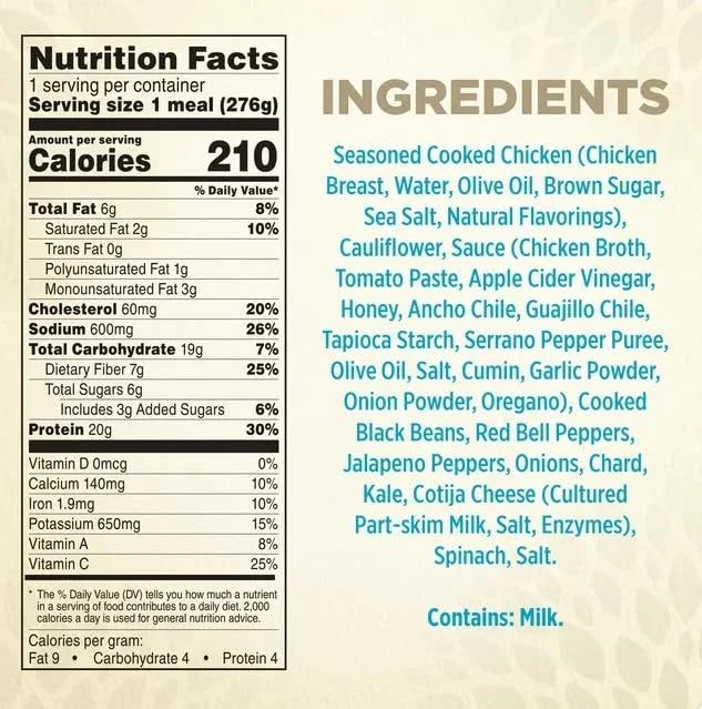 Spicy Black Beans Chicken & Riced Cauliflower Frozen Meal, 9.25 oz Pack of 6 C112