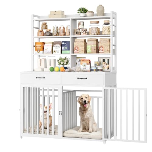 Black Wood & Metal Large Dog Crate Furniture with 4-Tier Shelves and 2 Storage Drawers B462